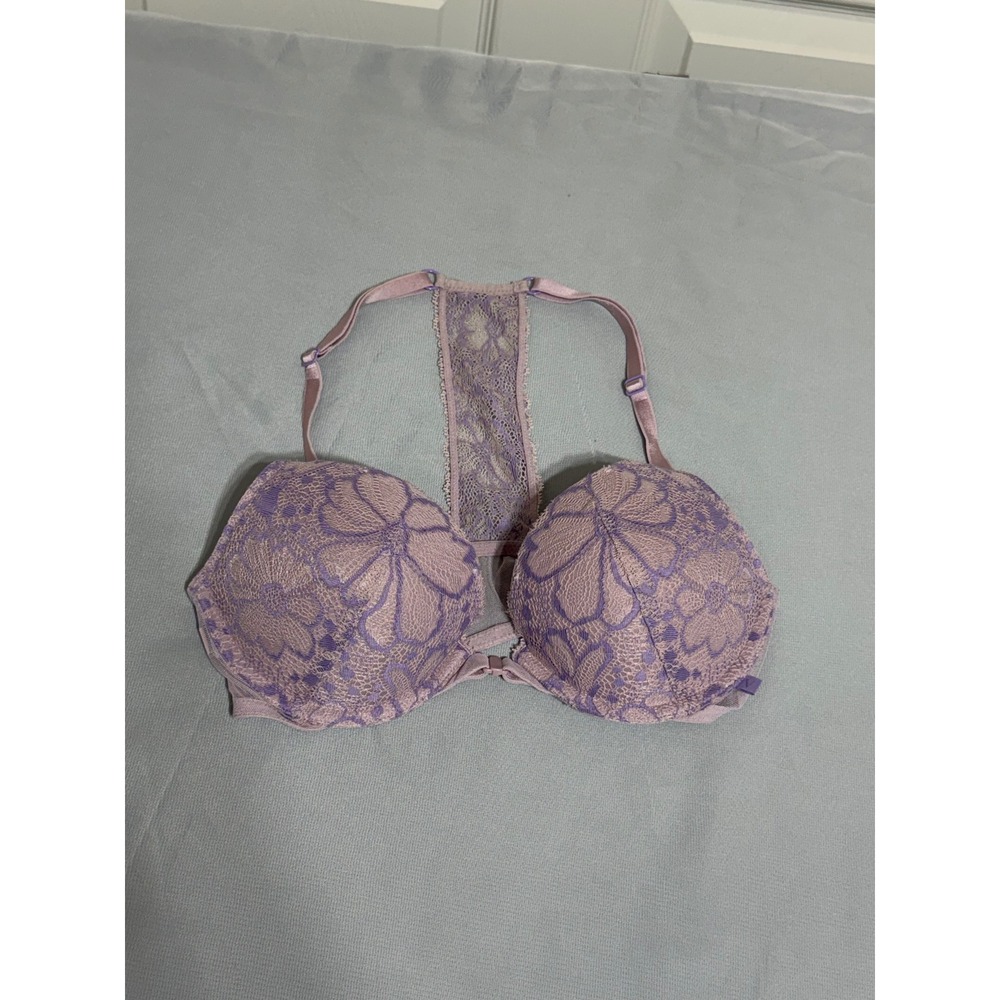 Victorias Secret Push-Up Bra 32C Purple Floral Lace Front Close T-Back